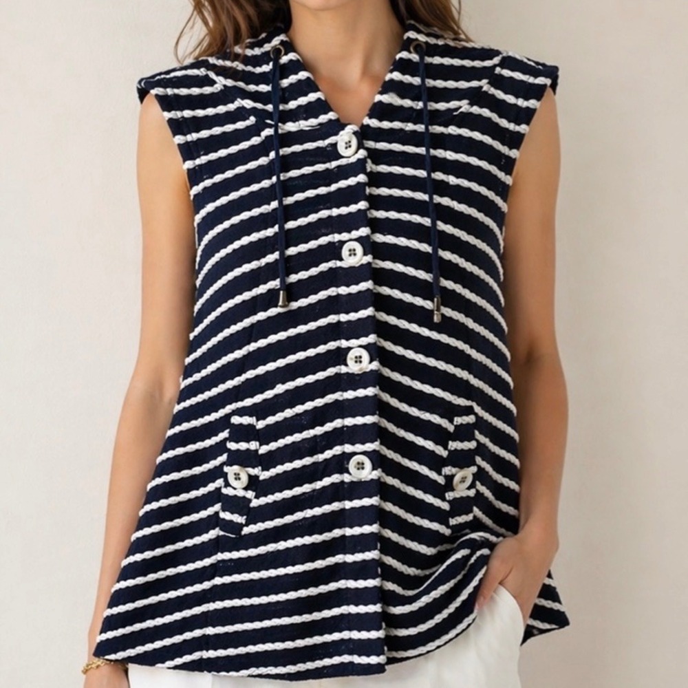 For Cynthia Black White Striped Rope Knit Sleeveless Button Front Hoodie Vest M